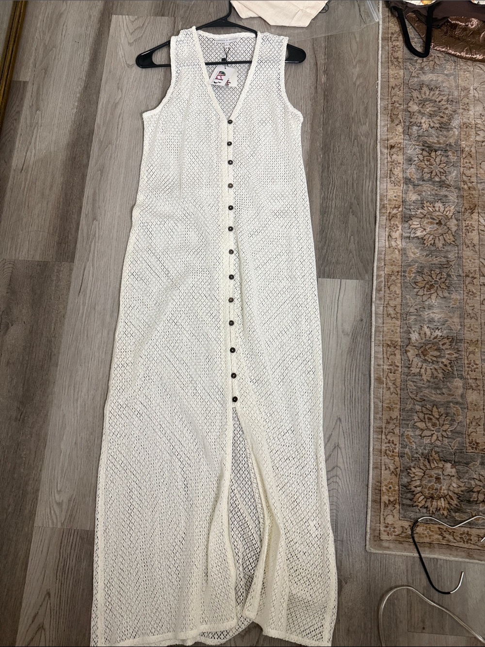 Sleeveless White Crochet Button-Front Maxi Dress